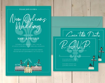 May include: Teal blue wedding invitation with white text. The invitation says "Please join us for a New Orleans Wedding" and features a fleur-de-lis design. The invitation also includes the names Mary & Phillip, the date and time of the wedding, and the location. The invitation is decorated with illustrations of New Orleans landmarks.