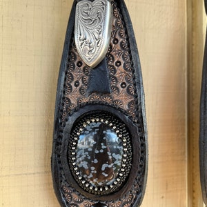 Leather horse headstall with beaded obsidian cabochons