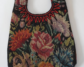 Stunning Handwoven Floral Handbag Small Tote from Chiapas Mexico Roses Carnations