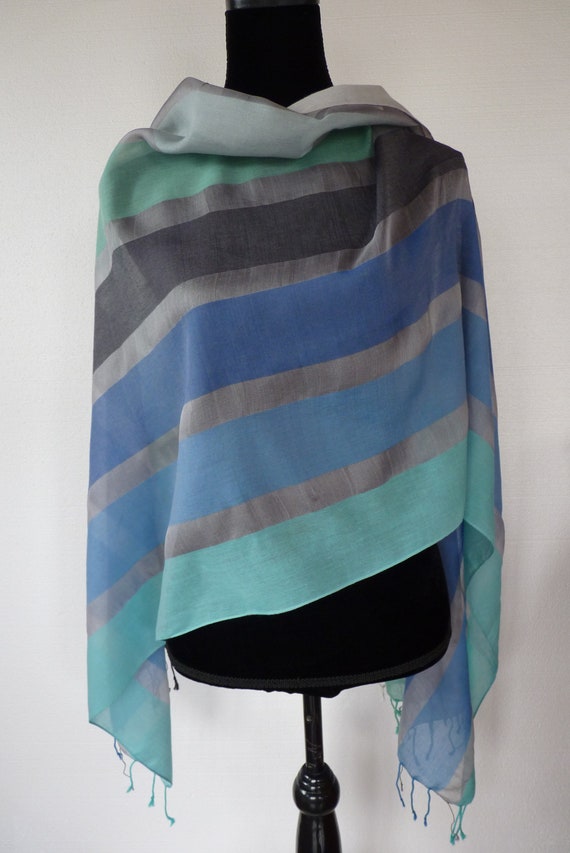 Vintage TALBOTS Cotton Silk Stripe Wrap Scarf Sha… - image 1