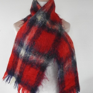 Tartan MOHAIR Scarf in Red, Ivory and Navy Excellent Quality and Condition