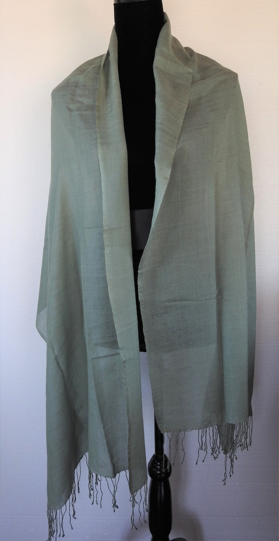 Pewter Green Handwoven Thai Silk SHAWL Wrap Scarf - image 2