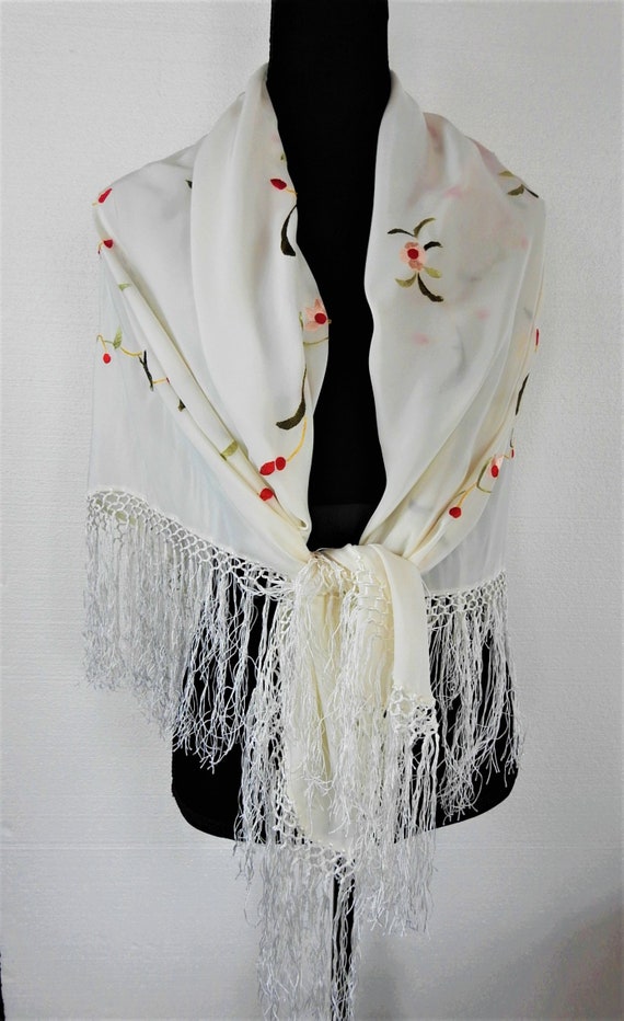 Lovely Large SILK Hand Embroidered SHAWL Wrap Sca… - image 3