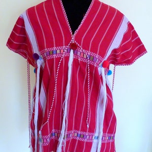 SALE Thai Hill Tribe Superior Huipil Blouse Tunic Top Handwoven in Cotton Red and White HANDMADE and Vintage