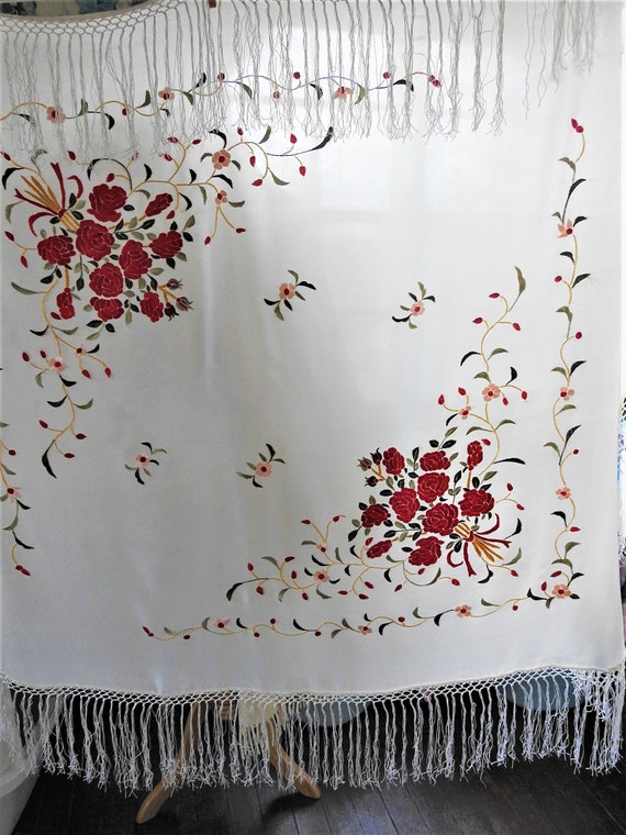 Lovely Large SILK Hand Embroidered SHAWL Wrap Sca… - image 9