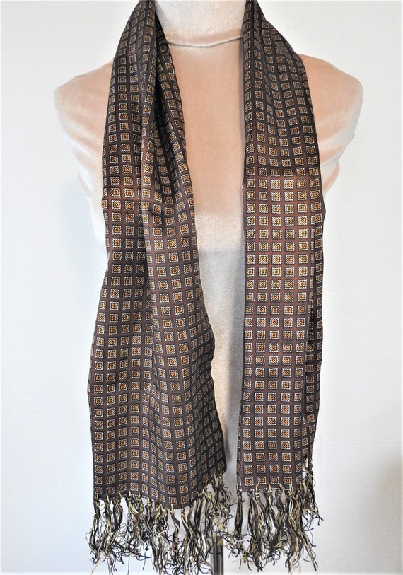 70s  Men's Long Silk Rayon SCARF in Brown and Gol… - image 1