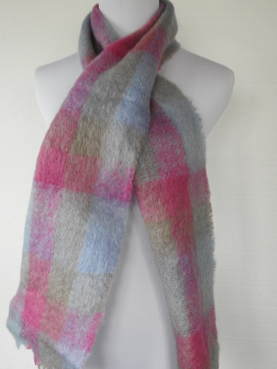 Luscious MOHAIR Scarf in Pastel Pink, Blue and Gra