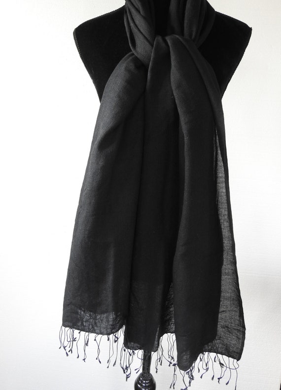 BowerHouse Vintage Gauzy Black Cashmere and Silk Shawl Pashmina Scarf Wrap Very Fine Quality Nepal