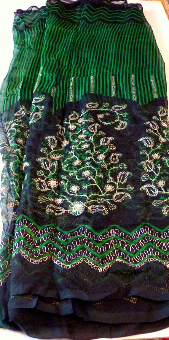 SALE Vintage Indian  Silk Gauze Sari Hand Embroide