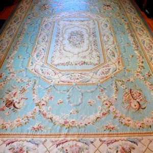 12&#39; x 18&#39; AUBUSSON CARPET Rug Palace Size Handwoven in  Aqua Blue Beige Pink - Absolutely STUNNING !