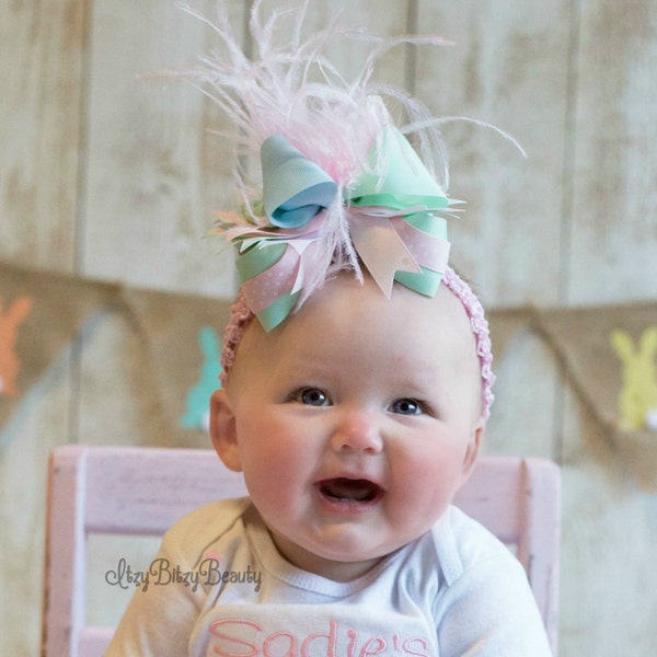 Easter Headband - Pastel Easter Hair Clip - Pink , Mint , Blue Bow - Hair Bow - OTT Feather Headband - Baby Girls - Easter