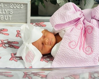 Baby Girls Monogrammed Hair Bow - Headband - Newborn - Coming Home - 6” - Pink - Nylon - Embroidered - Monogram