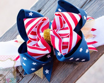 Fourth of July Headband - 4th of July Hair Clip - Navy Red and Gold -  Patriotic Hair Bow