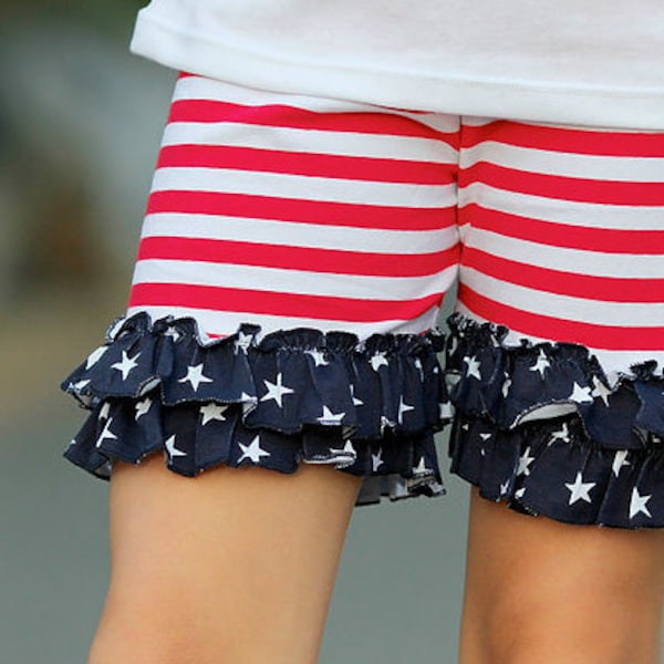 Patriotic Ruffle Shorts - Ruffle Bottoms - Girls Flag Shorts - Stars And Stripes - Red White And Blue Ruffles Icing Pants Bottoms