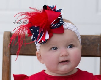 Fourth of July Headband - July 4th OTT Patriotic Hair Clip - Feather Hair Bow - Red White and Navy