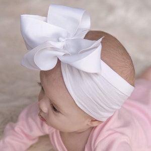 Baby Girls Grosgrain Hair Bow - Headband - Newborn - Coming Home - 6” - Pink - White - Nylon