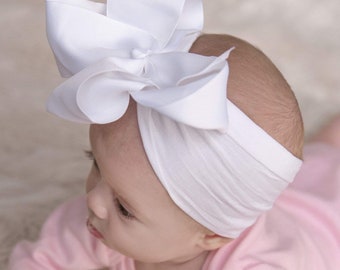 Baby Girls Grosgrain Hair Bow - Headband - Newborn - Coming Home - 6” - Pink - White - Nylon