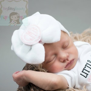 Newborn Girls Hospital Hat - Fancy Monogram Hat - Girl Monogrammed Hat - Large Bow Hat - Coming Home Hat - Baby Shower Gift - Pink And White