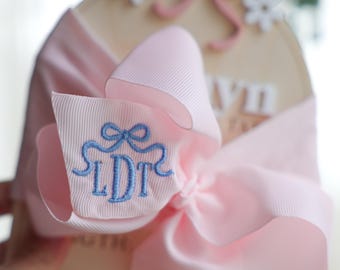 BOW DESIGN - Baby Girls Monogrammed Hair Bow - Headband - Newborn - Coming Home - 6” - Pink - Nylon - Embroidered - Monogram