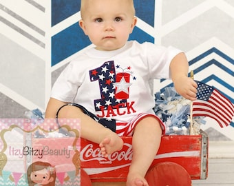 Boys First Birthday - July , Patriotic Shirt - Fourth Of July Short Outfit - Fireworks , Firecracker - Red White And Blue - Birthday