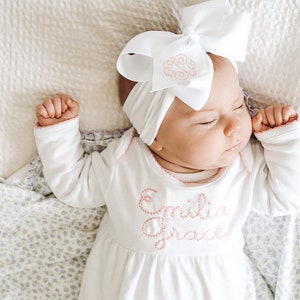 Monogrammed Newborn gown - Coming Home Outfit - Pima Cotton - Baby Gown - Monogram Set - Headband - Bow