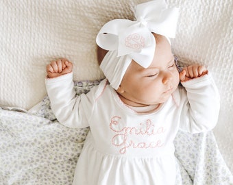 Monogrammed Newborn gown - Coming Home Outfit - Pima Cotton - Baby Gown - Monogram Set - Headband - Bow