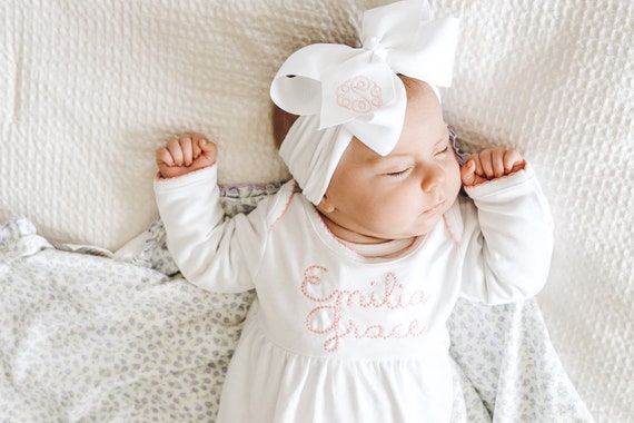 PINK TRIM - Monogrammed Newborn gown - Coming Home Outfit - Pima Cotton - Baby Gown - Monogram Set - Headband - Bow