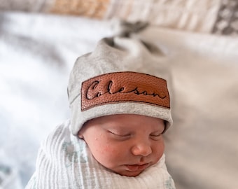 Hospital Hat - Faux Leather Patch- Newborn Hospital Hat- Coming Home - Baby Boys -Embroidered Personalized Hat - Custom Name -