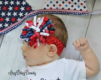 Fourth of July Headband - Korker , Corker  Hair Bow - Red White and Blue - 4th of July Hair Clip