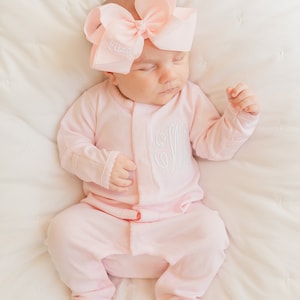 Light pink Monogrammed Newborn Footie - Gown - Coming Home Outfit - Pima Cotton - Baby Girls footed Romper - Monogram Set - Headband - Bow