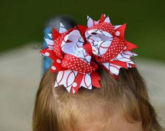 Girls Baseball Bow - Red - Hair Bow - Headband - Hair Clip , stacked grosgrain