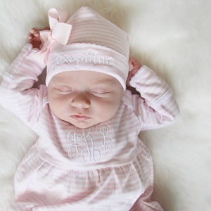 Monogrammed Newborn Footie - Pink Gown - Coming Home Outfit - Pima Cotton - Baby Boys Girls footed Romper - Monogram Set