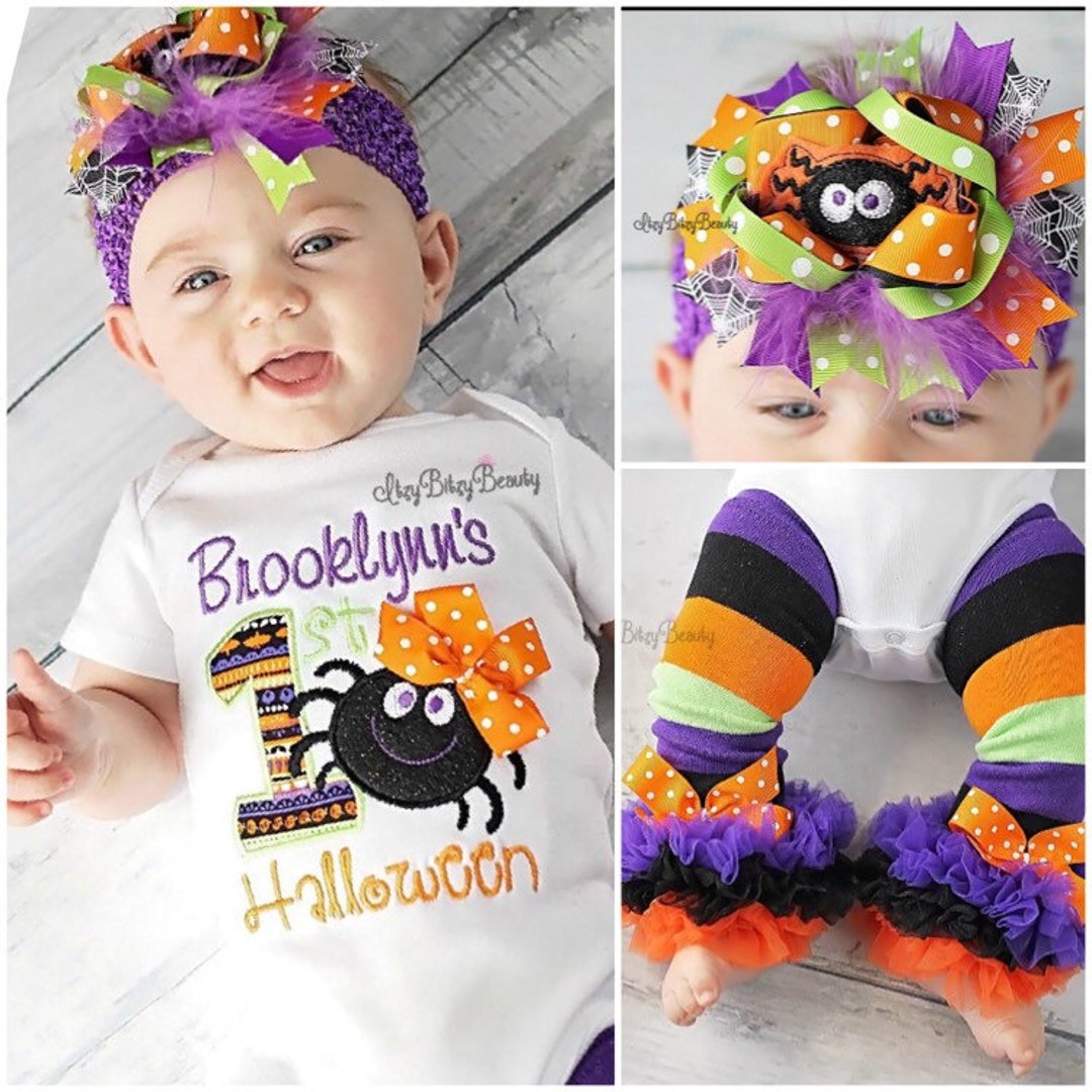 First Halloween Outfit Baby Girls Spider Outfit Headband Ruffled Leg
