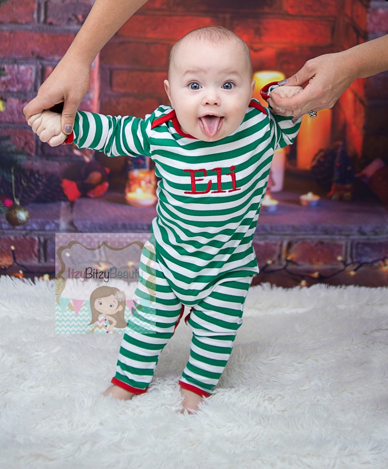 Custom Name Personalized Green Christmas Pajamas Full Piece Infant Pajama Embroidered Full Romper Green And White