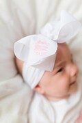 Baby Girls Monogrammed Hair Bow - Headband - Newborn - Coming Home - 6” - Pink - Nylon - Embroidered - Monogram