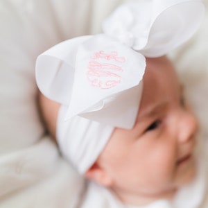 Baby Girls Monogrammed Hair Bow - Headband - Newborn - Coming Home - 6” - Pink - Nylon - Embroidered - Monogram