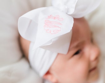 Baby Girls Monogrammed Hair Bow - Headband - Newborn - Coming Home - 6” - Pink - Nylon - Embroidered - Monogram