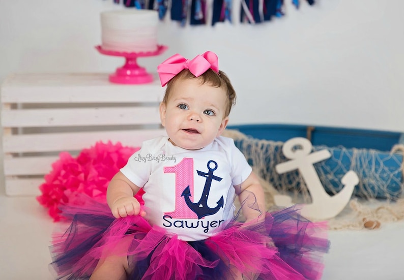 Girls First Birthday Outfit Baby Girls First Girls Anchor Birthday Outfit Girls Anchor Pink Navy Shirt Personalized Birthday Shirt