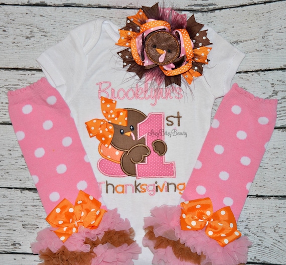 My First Thanksgiving - Baby Girls Pink Turkey Day Outfit - Personalized , Embroidered - OTT Set , Feather Hair Bow , Headband , Leg Warmers