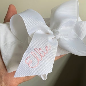 BEAN Font - Baby Girls Monogrammed Hair Bow - Bean Script - Newborn - Coming Home - 6” - Pink - Nylon - Clip -Embroidered - Monogram