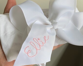 BEAN Font - Baby Girls Monogrammed Hair Bow - Bean Script - Newborn - Coming Home - 6” - Pink - Nylon - Clip -Embroidered - Monogram