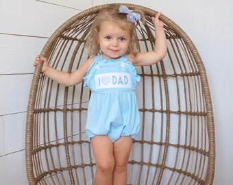 Girls Baby Blue Bubble - Father’s Day  - I Love Dad  -  Mom - Baby Romper - Toddler - Monogram - Bubble - Faux Smocked - Smocking