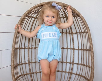 Girls Baby Blue Bubble - Father’s Day  - I Love Dad  -  Mom - Baby Romper - Toddler - Monogram - Bubble - Faux Smocked - Smocking