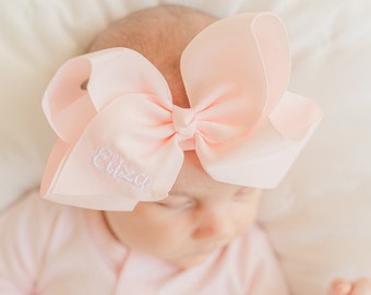 Baby Girls Grosgrain Hair Bow - Headband - Newborn - Coming Home - 6” - Pink - Nylon - Embroidered