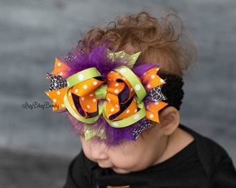 Halloween Hair Bow - OTT Halloween Headband - Halloween Girls Hair Clip - Purple, Orange Green Halloween Bow