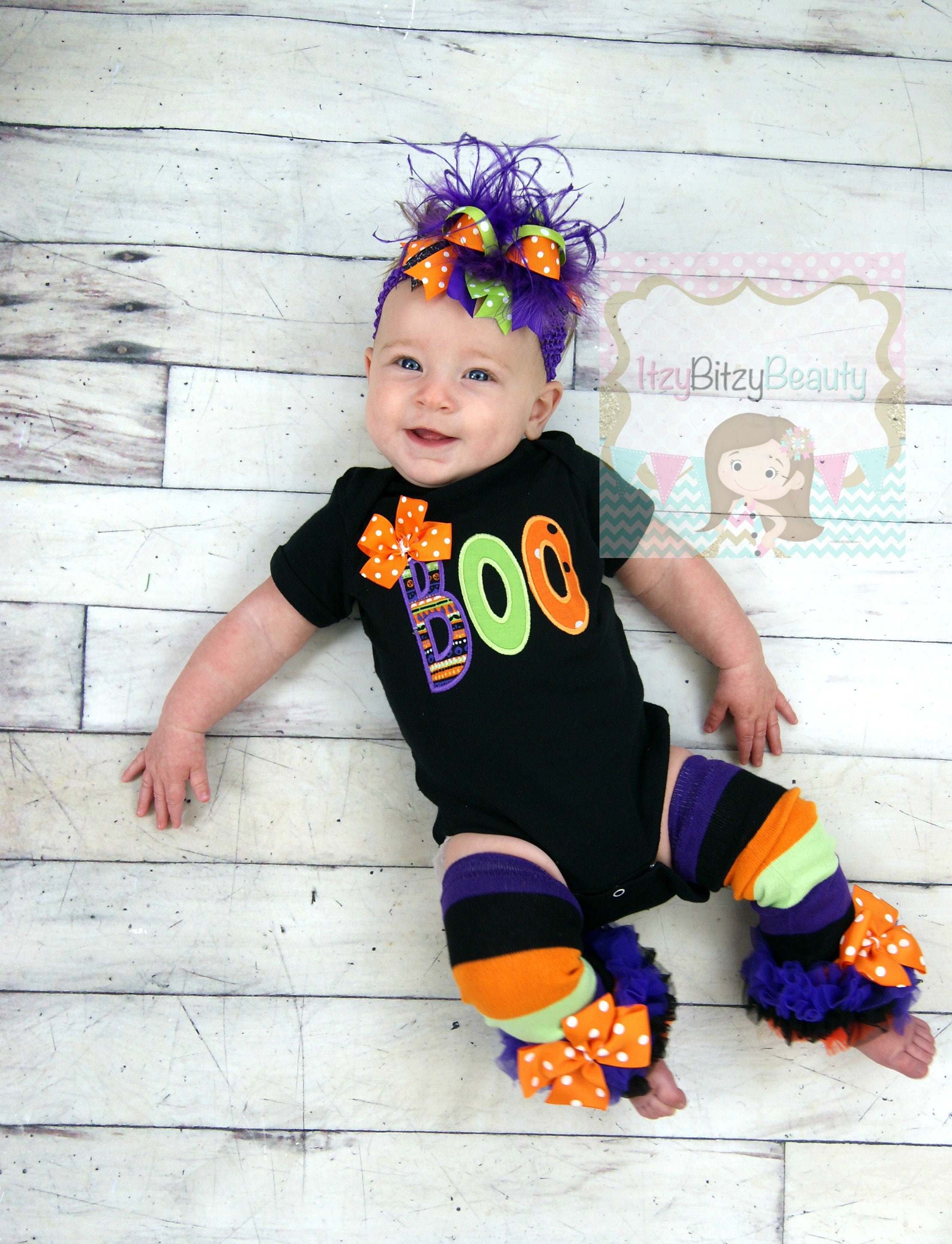 First Halloween Outfit - Baby Girls BOO Outfit - Headband - Ruffled Leg Warmers - OTT Halloween Outfit - My First Halloween - Girls
