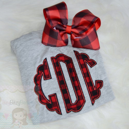 Monogrammed Buffalo Check Shirt - Girls Christmas Shirt - Gray , Red , Black Monogrammed - Christmas Outfit