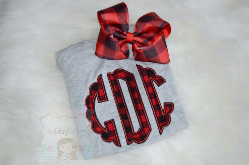 Red Black Monogrammed Girls Christmas Shirt Gray Monogrammed Buffalo Check Shirt Christmas Outfit