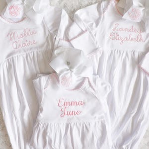 PINK TRIM - Monogrammed Newborn gown - Coming Home Outfit - Pima Cotton - Baby Gown - Monogram Set - Headband - Bow image 4