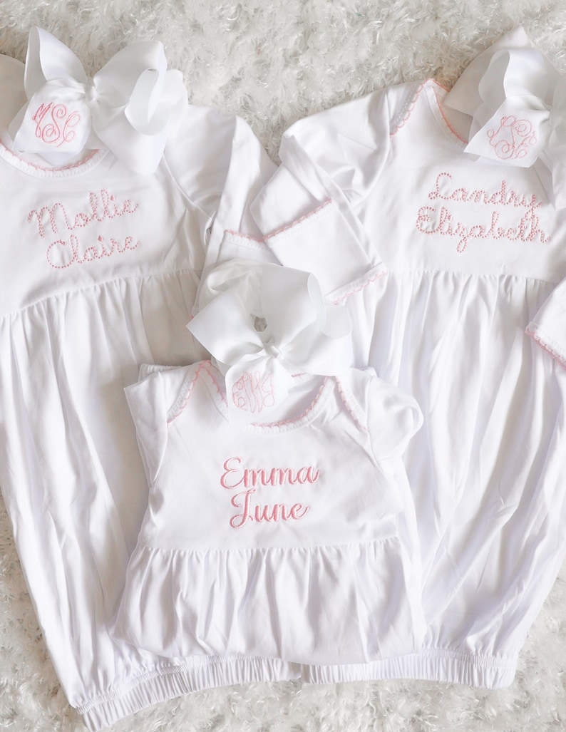 PINK TRIM - Monogrammed Newborn gown - Coming Home Outfit - Pima Cotton - Baby Gown - Monogram Set - Headband - Bow image 4